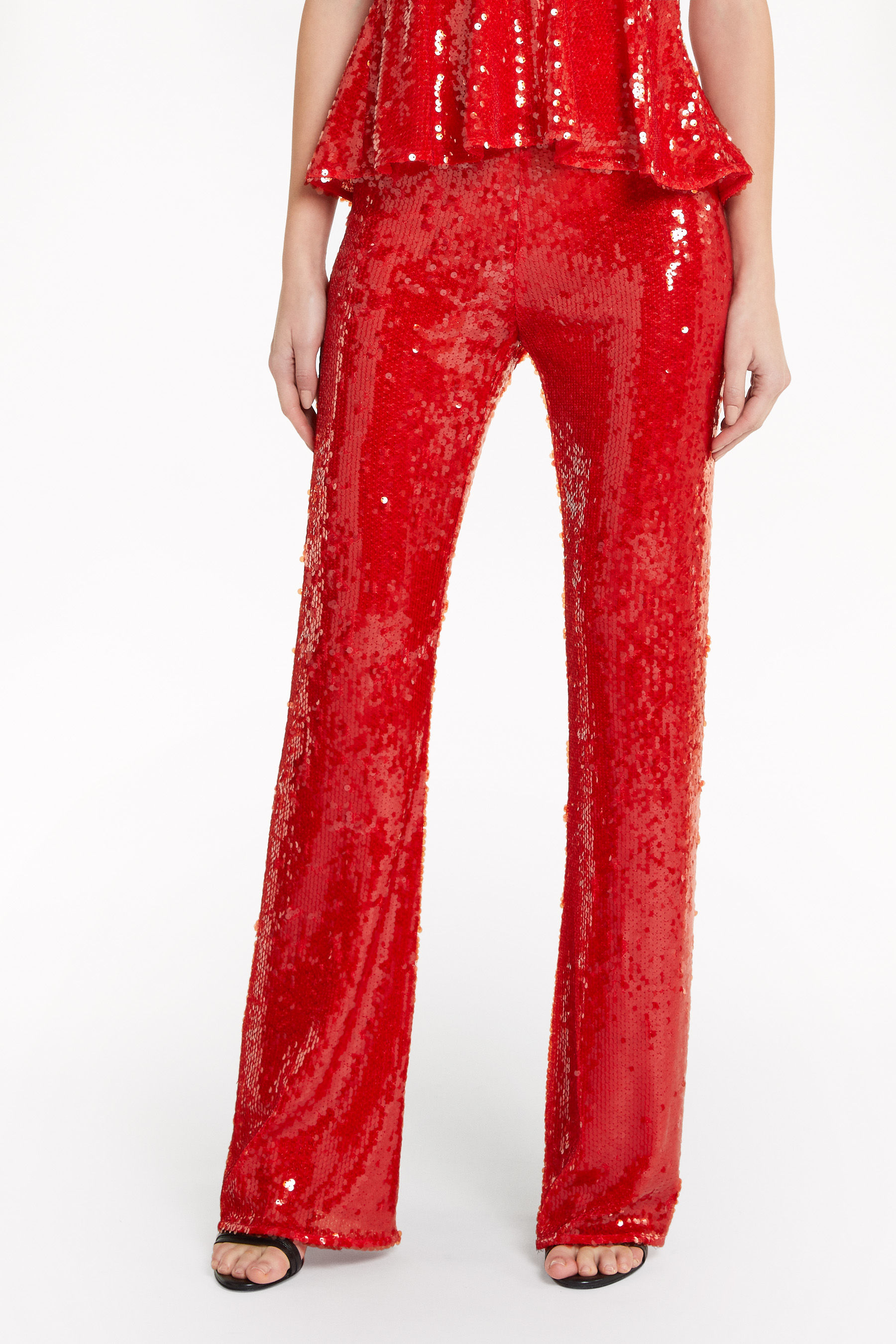 red sequin flare pants